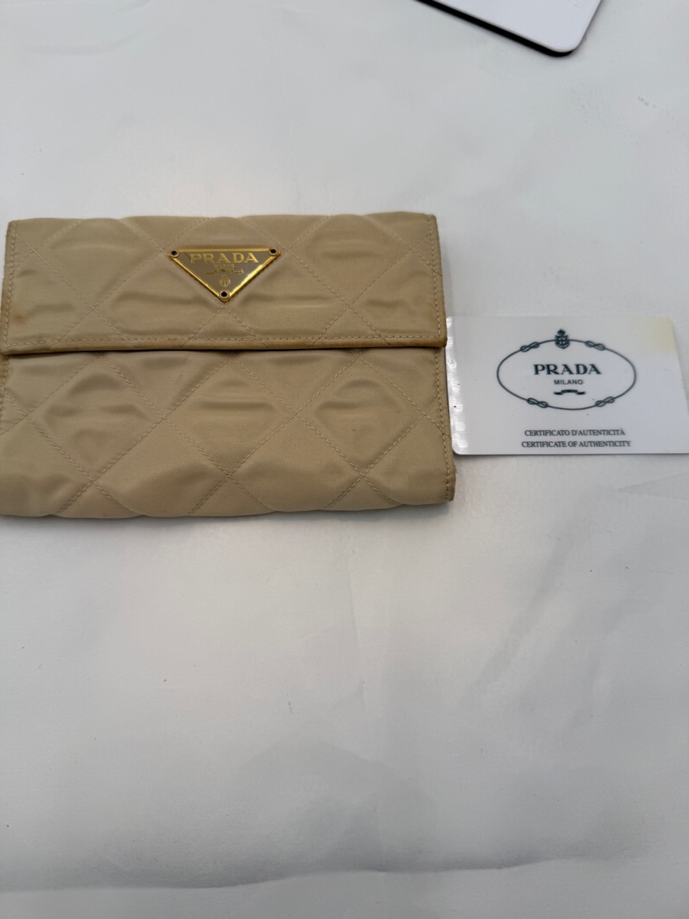 Authentic Prada Tessuto Quilted Nylon Trifold Wallet  Beige/Tan Leather Interior
